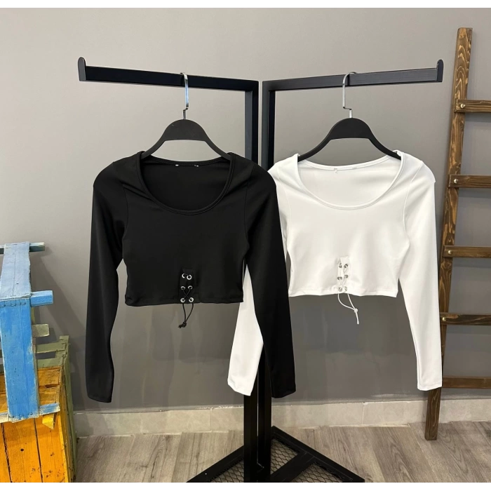 Bel Bağcıklı Crop Bluz -SİYAH