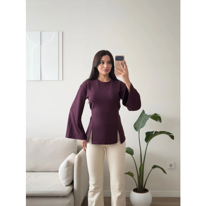 Bel Bağlamalı Çift Yırtmaç Bluz - MÜRDÜM