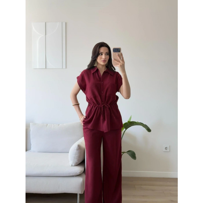 Bel Bağlamalı Gömlek Pantolon Takım - BORDO