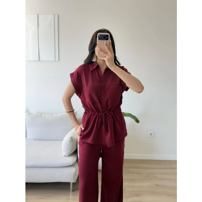 Bel Bağlamalı Gömlek Pantolon Takım - BORDO