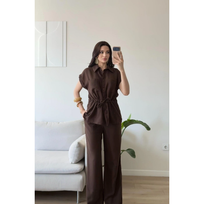 Bel Bağlamalı Gömlek Pantolon Takım - KAHVE