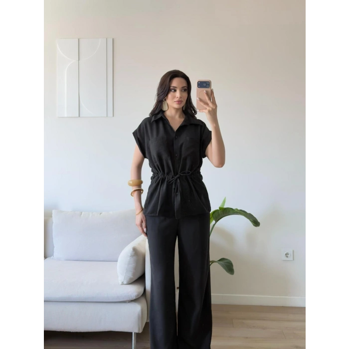 Bel Bağlamalı Gömlek Pantolon Takım - SİYAH