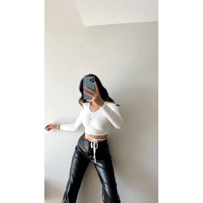 Bel Bağlamalı V Yaka Crop Bluz-BEYAZ