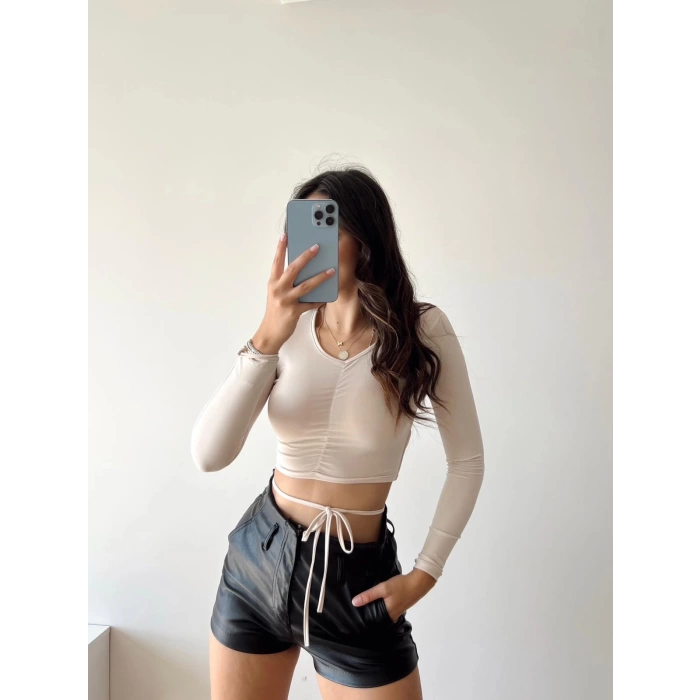 Bel Bağlamalı V Yaka Crop Bluz-BEJ