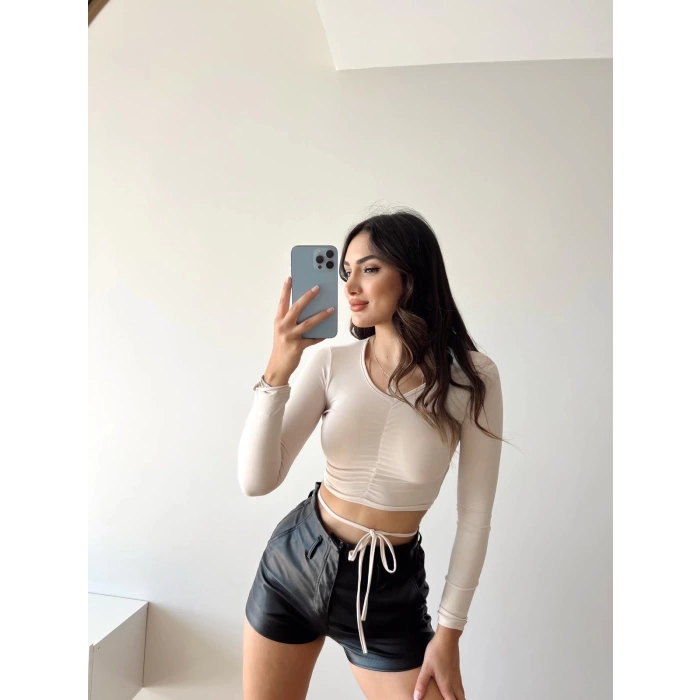 Bel Bağlamalı V Yaka Crop Bluz-BEJ