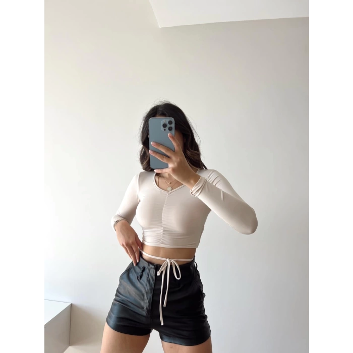 Bel Bağlamalı V Yaka Crop Bluz-BEJ
