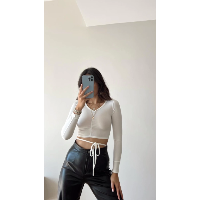 Bel Bağlamalı V Yaka Crop Bluz-BEYAZ