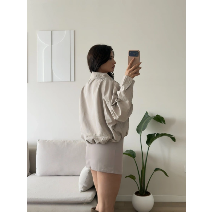 Bel Büzgü Oversize Bomber Ceket - BEJ