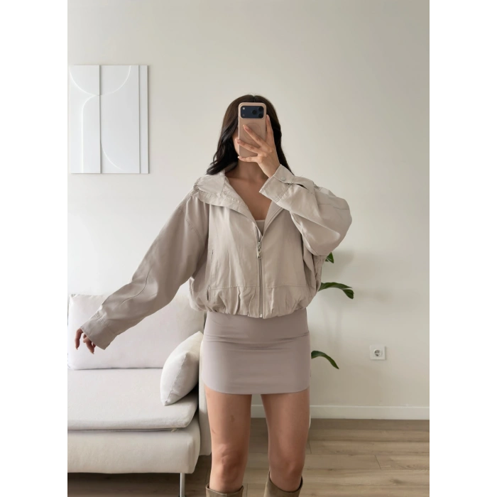 Bel Büzgü Oversize Bomber Ceket - BEJ