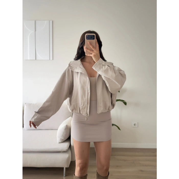 Bel Büzgü Oversize Bomber Ceket - BEJ