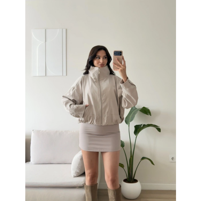 Bel Büzgü Oversize Bomber Ceket - BEJ