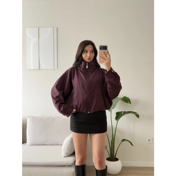 Bel Büzgü Oversize Bomber Ceket - BORDO