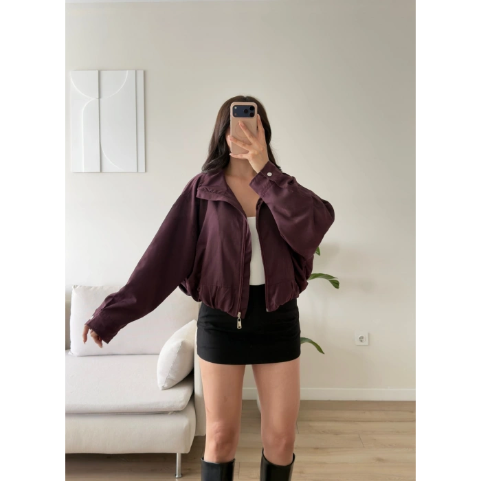Bel Büzgü Oversize Bomber Ceket - BORDO
