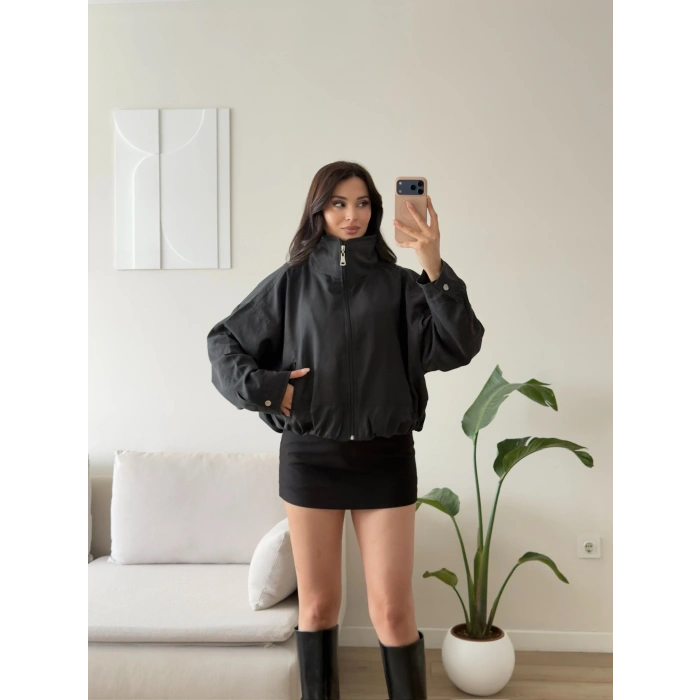 Bel Büzgü Oversize Bomber Ceket - SİYAH