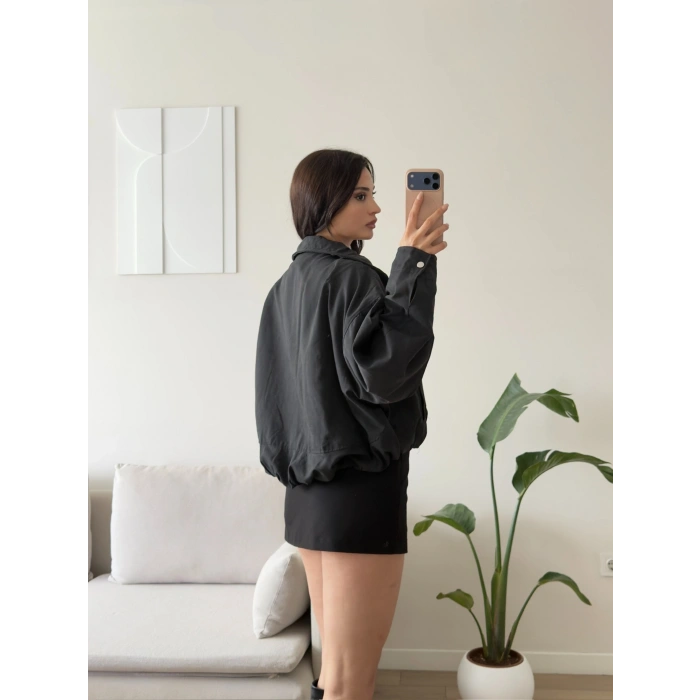 Bel Büzgü Oversize Bomber Ceket - SİYAH