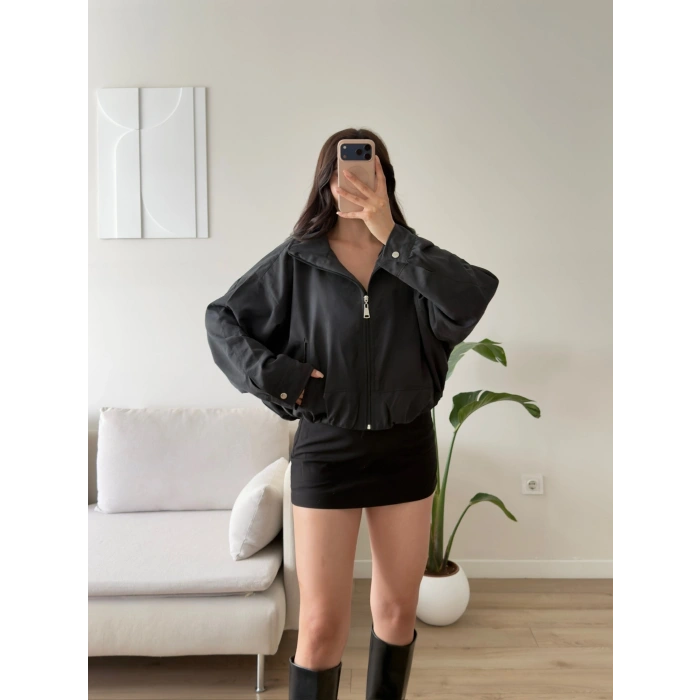 Bel Büzgü Oversize Bomber Ceket - SİYAH