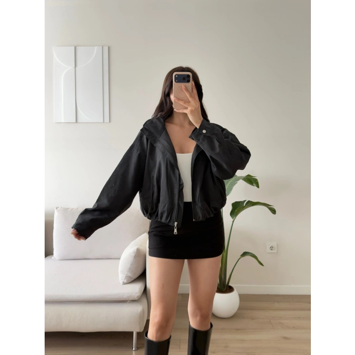 Bel Büzgü Oversize Bomber Ceket - SİYAH