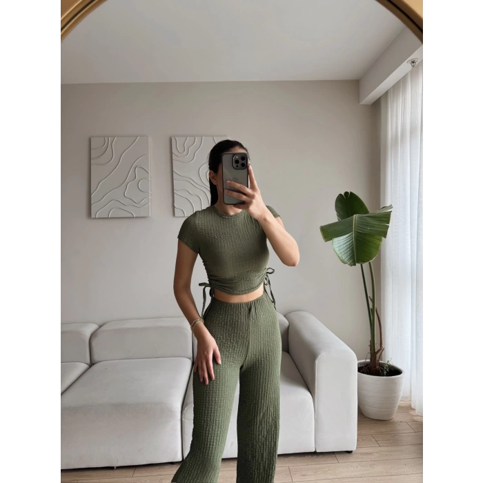 Bel Büzgülü Crop & Pantolon Takım - HAKİ