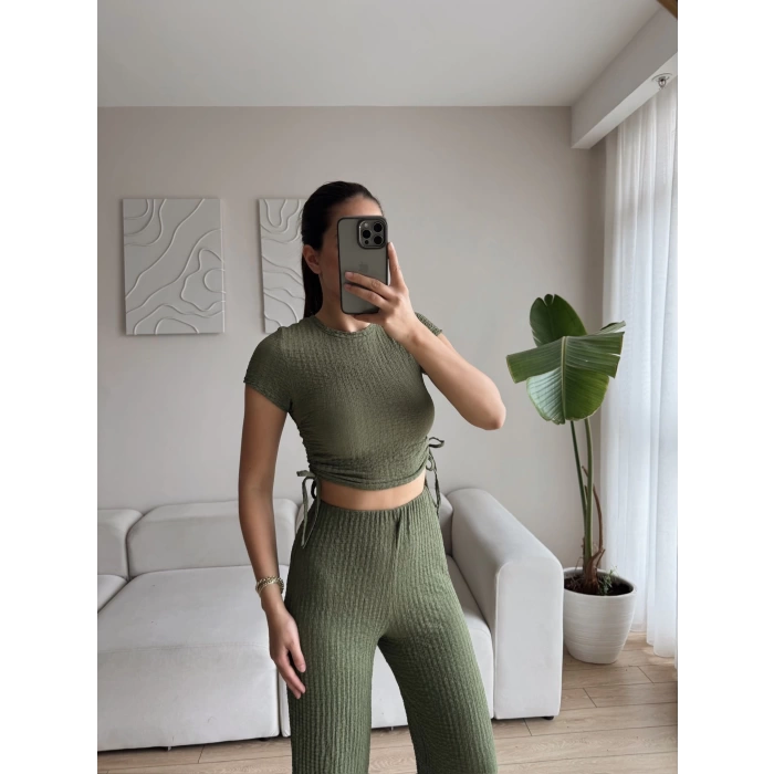 Bel Büzgülü Crop & Pantolon Takım - HAKİ