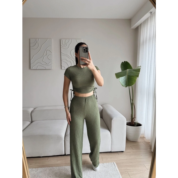 Bel Büzgülü Crop & Pantolon Takım - HAKİ