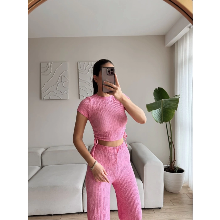 Bel Büzgülü Crop & Pantolon Takım - PUDRA