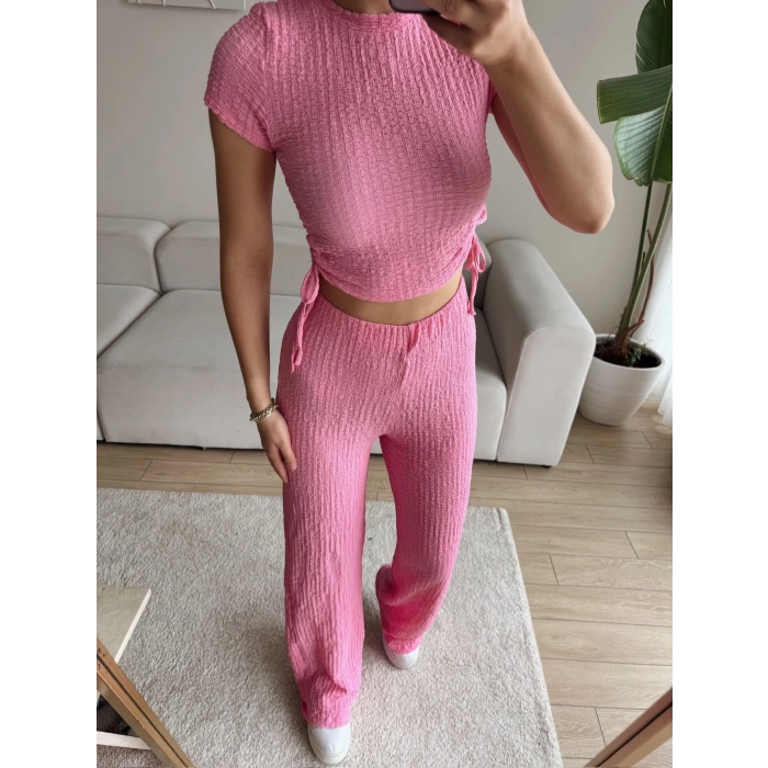 Bel Büzgülü Crop & Pantolon Takım - PUDRA