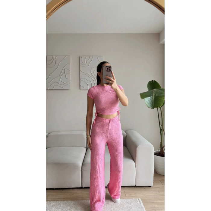 Bel Büzgülü Crop & Pantolon Takım - PUDRA