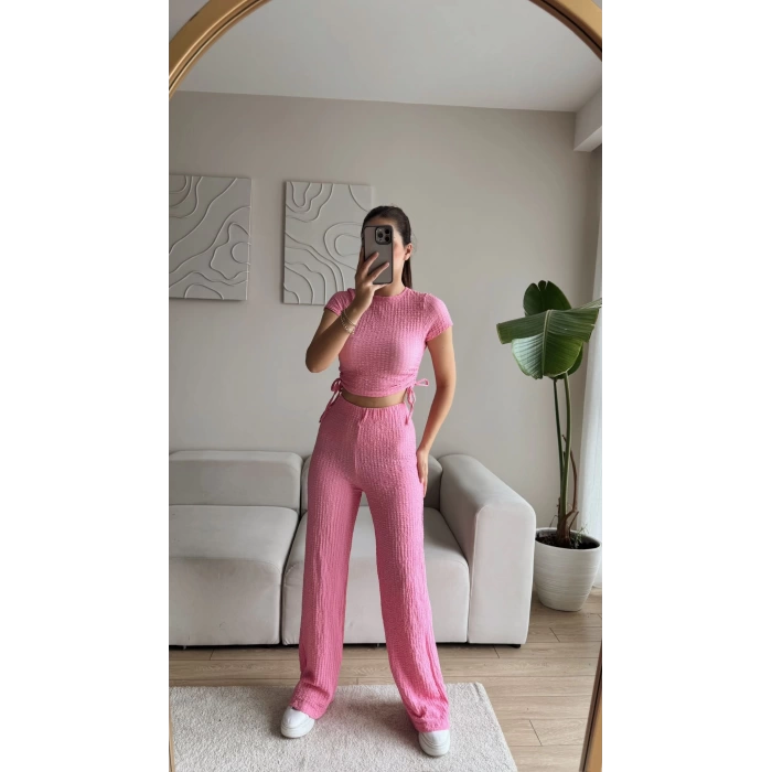 Bel Büzgülü Crop & Pantolon Takım - PUDRA