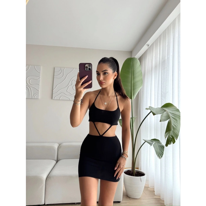 Bel Dekolte Boyun Askılı Mini Elbise-SİYAH