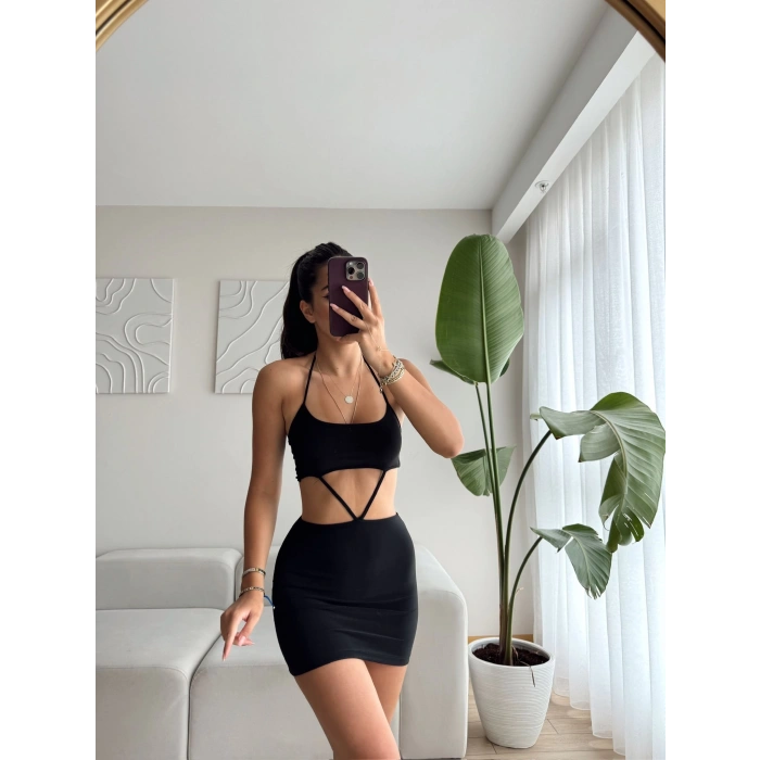 Bel Dekolte Boyun Askılı Mini Elbise-SİYAH