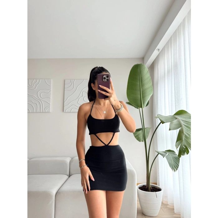 Bel Dekolte Boyun Askılı Mini Elbise-SİYAH