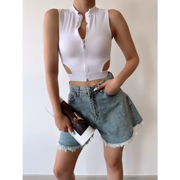 Bel Dekolte Crop Hırka-BEYAZ