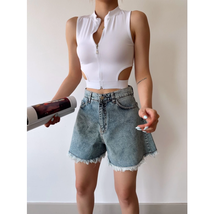 Bel Dekolte Crop Hırka-BEYAZ