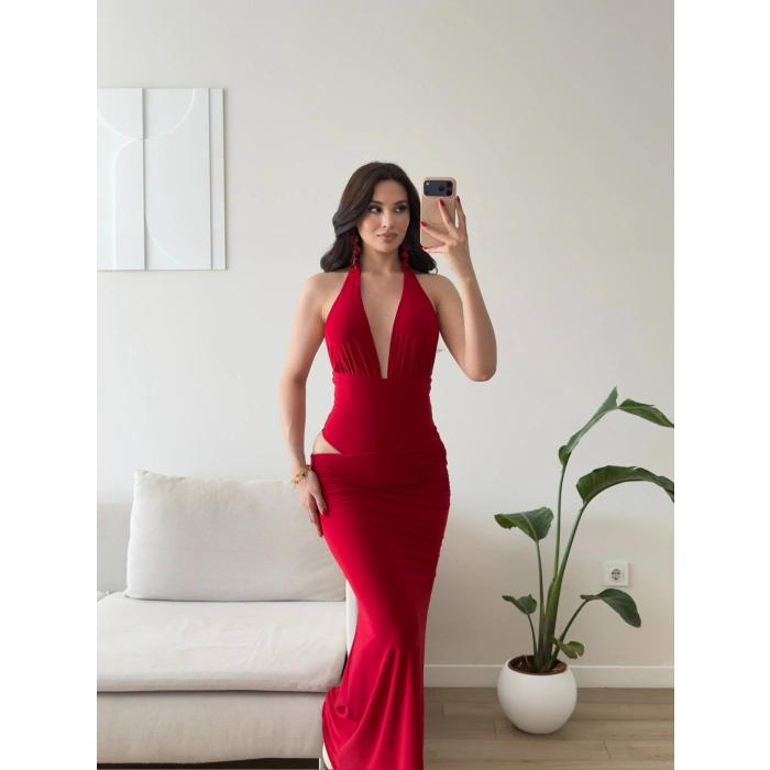 Bel Dekolte Halter Maxi Elbise - KIRMIZI