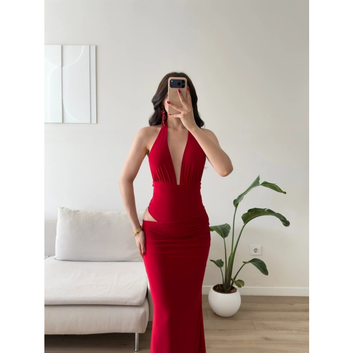 Bel Dekolte Halter Maxi Elbise - KIRMIZI