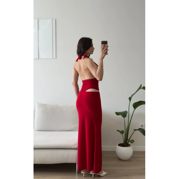 Bel Dekolte Halter Maxi Elbise - KIRMIZI