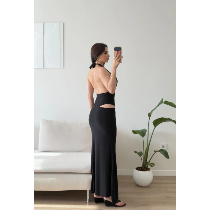 Bel Dekolte Halter Maxi Elbise - SİYAH