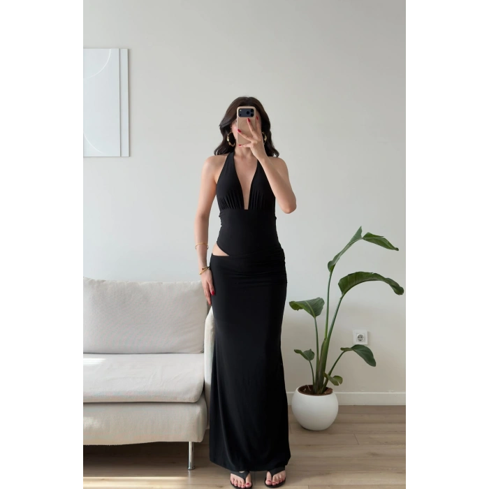 Bel Dekolte Halter Maxi Elbise - SİYAH