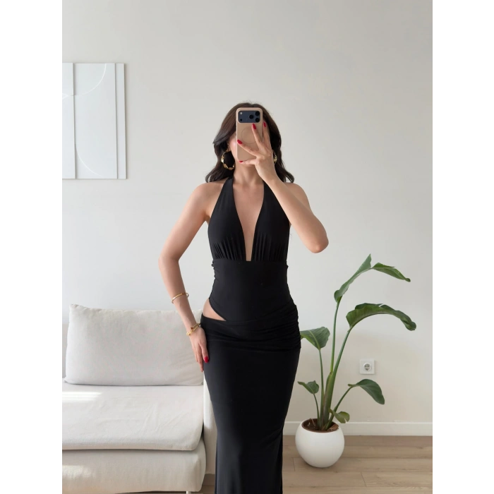 Bel Dekolte Halter Maxi Elbise - SİYAH