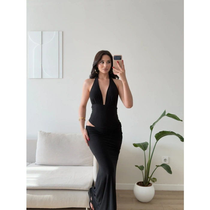 Bel Dekolte Halter Maxi Elbise - SİYAH