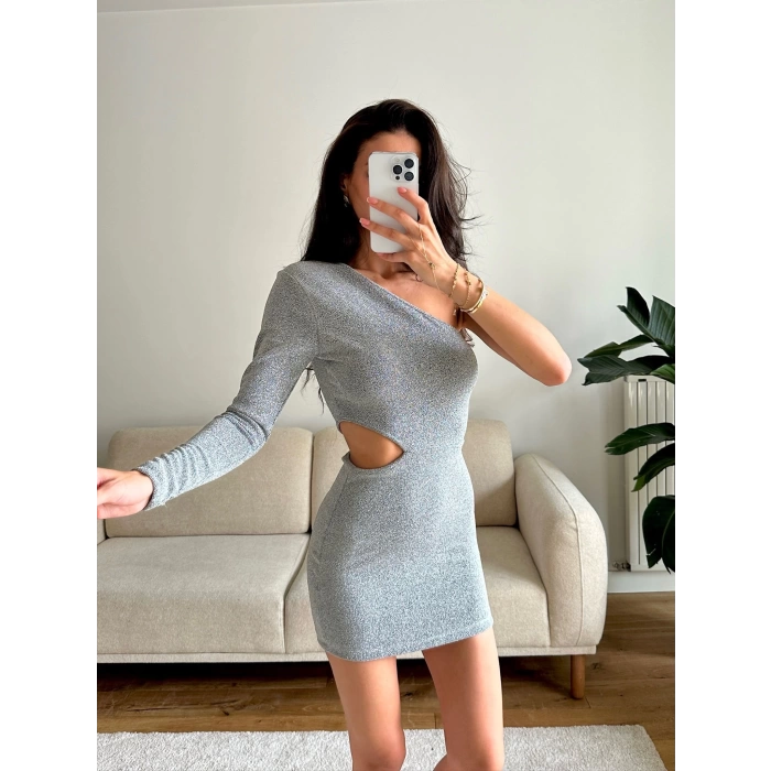 Bel Dekolte Tek Kol Simli Elbise - GRİ