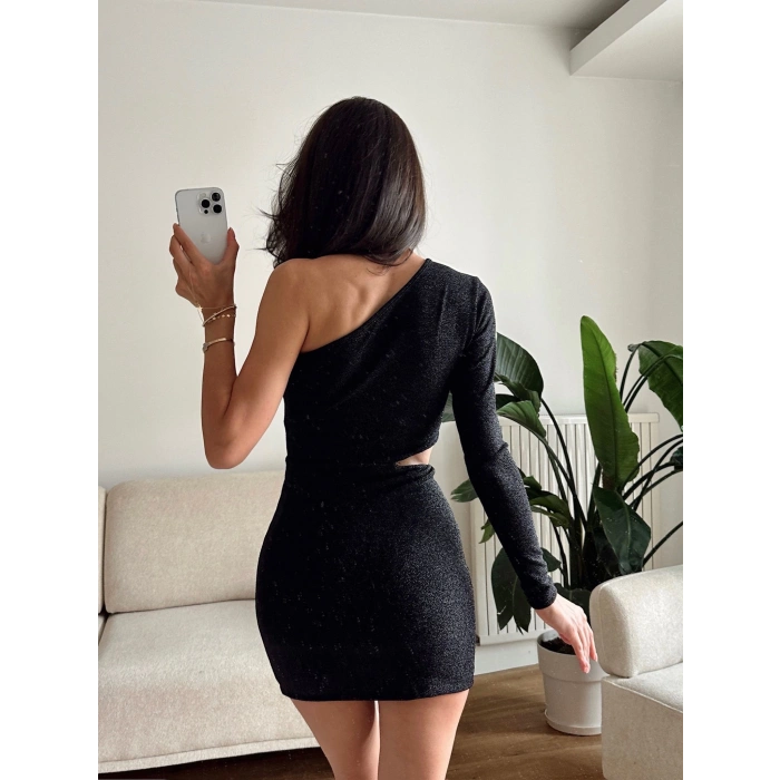 Bel Dekolte Tek Kol Simli Elbise - SİYAH