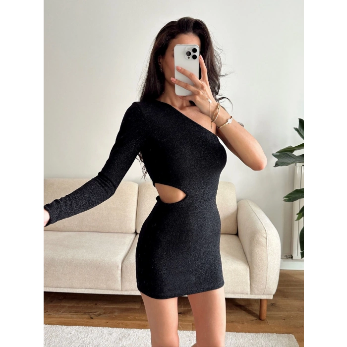 Bel Dekolte Tek Kol Simli Elbise - SİYAH