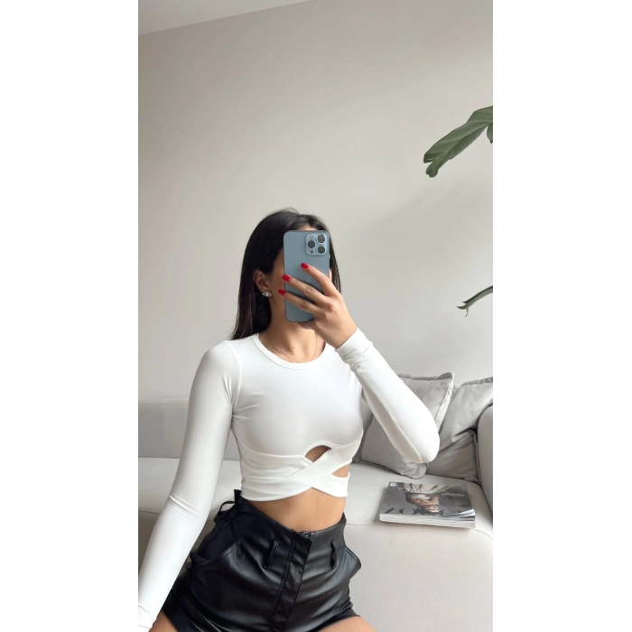 Bel Detay Crop Bluz-BEYAZ