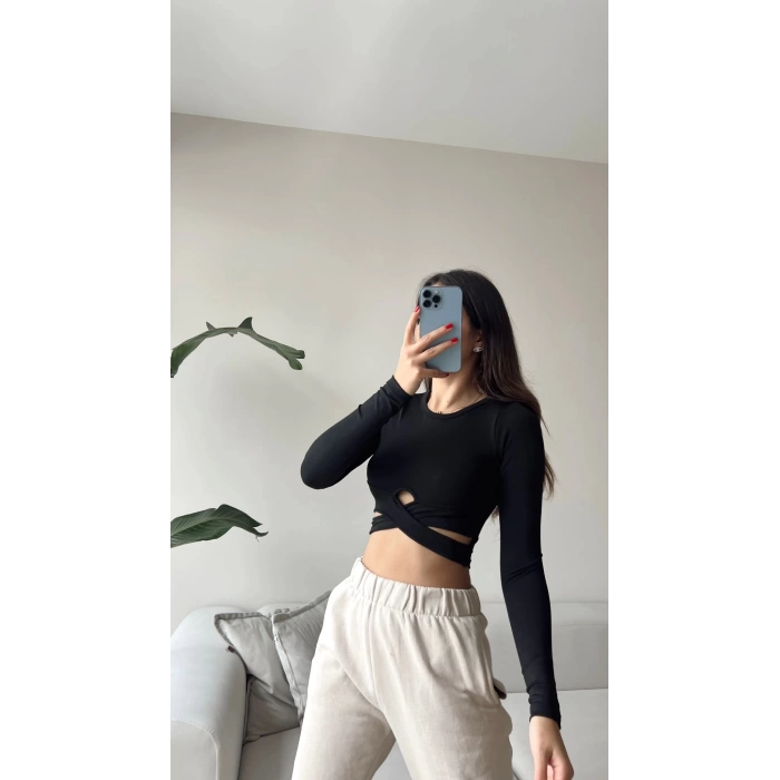 Bel Detay Crop Bluz-SİYAH