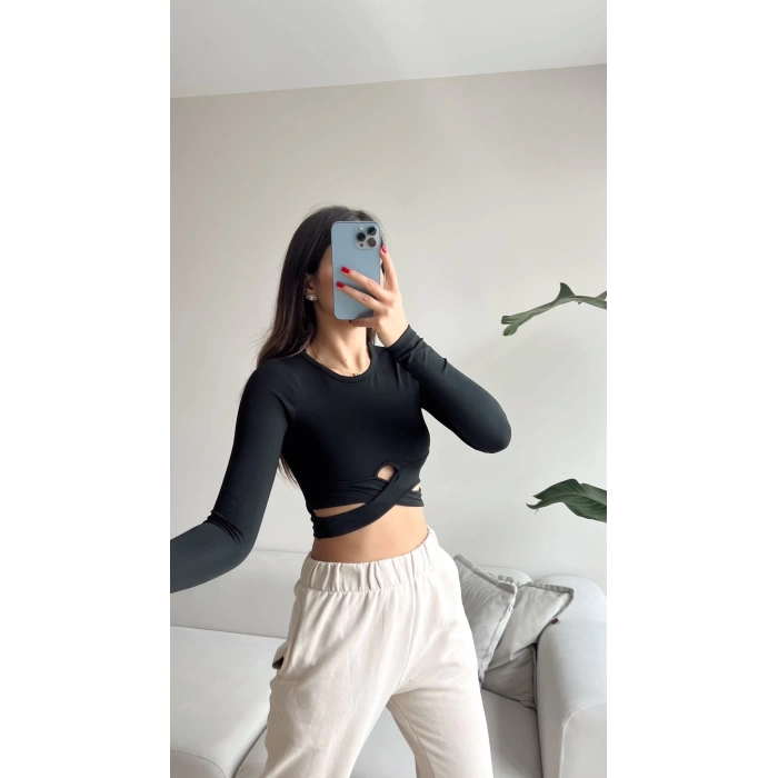 Bel Detay Crop Bluz-SİYAH