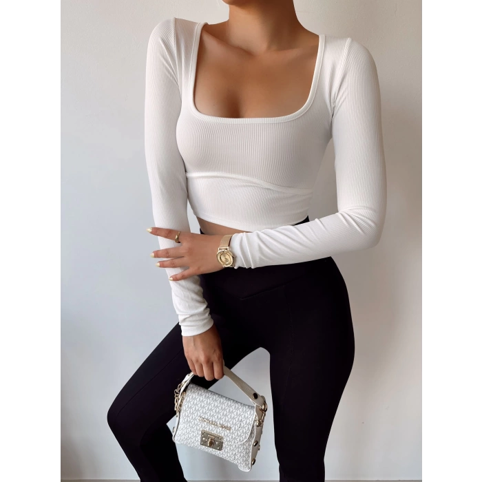 Bel Detay U Yaka Crop Bluz-BEYAZ