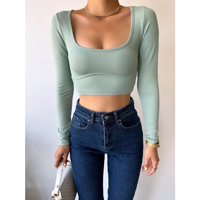 Bel Detay U Yaka Crop Bluz-MİNT YEŞİLİ