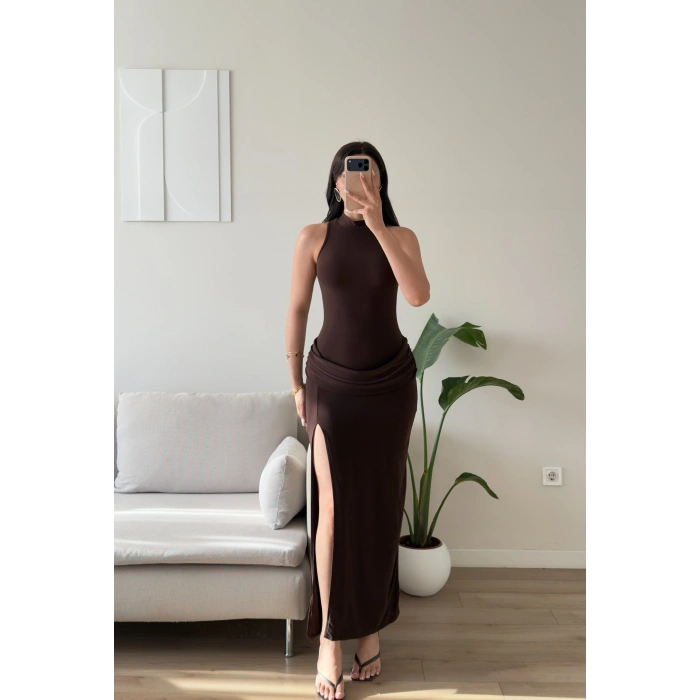 Bel Drape Halter Yırtmaçlı Elbise - KAHVE