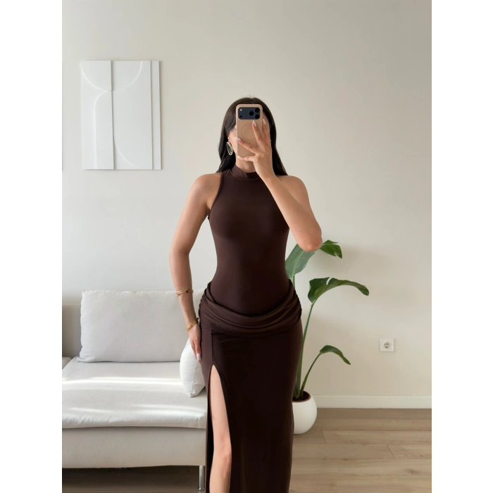 Bel Drape Halter Yırtmaçlı Elbise - KAHVE